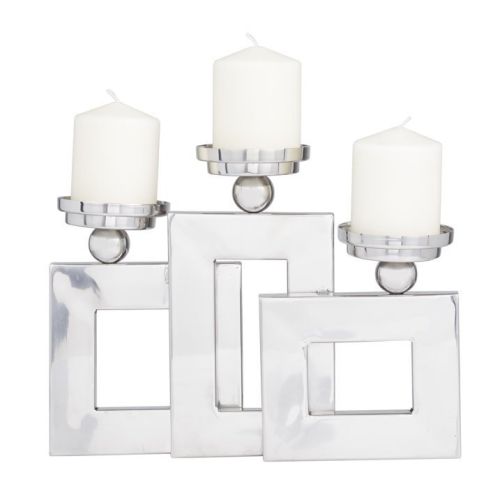 DecMode 3 Candle Silver Stainless Steel Pillar 3 Plate Candle Holder DecMode 3 Candle Silver Stainless Steel Pillar 3 Plate Candle Holder